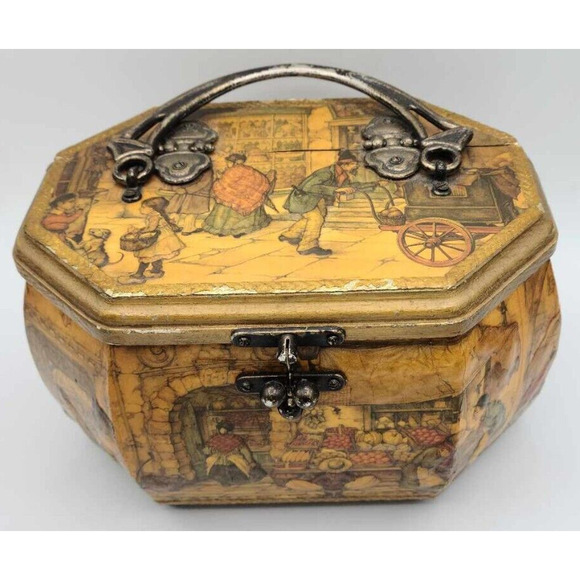 Vtg 1970s Artist Anton Pieck European Decoupage Wooden Box Red Velvet Lining - Picture 2 of 16